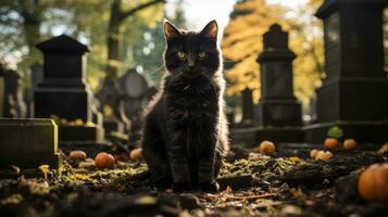 une majestueux, mystérieux félin repose parmi le silencieux tombes dans le solennel cimetière, ses sauvage la nature dans rigide contraste à ses solennel alentours, ai génératif photo