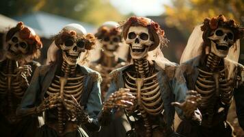 une effrayant encore pittoresque scène de une groupe de squelettes habillé dans en lambeaux Vêtements permanent dans une désolé Extérieur réglage évoque une sens de mystère et merveille, ai génératif photo