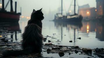 sur une chaud été jour, une curieuse chat est assis un haut le sablonneux rive, regarder en dehors à le majestueux navire comme il voiles à travers le tranquille des eaux, ai génératif photo