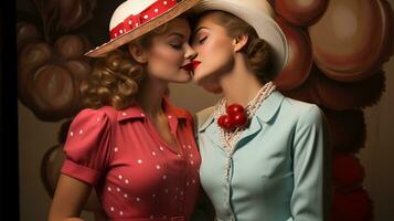 deux magnifique femmes dans à la mode rouge Robes et Chapeaux embrasse tendrement, exprimer le l'amour et intimité entre eux, ai génératif photo