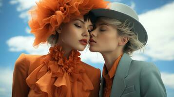 deux femmes dans Orange Vêtements et Chapeaux supporter sous une vibrant ciel, embrassement chaque autre tendrement comme leur écharpes battement dans le vent, ai génératif photo