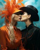 deux femmes dans à la mode coiffures et vibrant Orange hauts partager un intime baiser, capturer une magnifique moment de l'amour et style, ai génératif photo