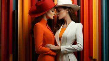 deux élégant Dames portant vibrant Chapeaux et Robes supporter ensemble dans une à la mode embrasser, à la recherche prêt et confiant, ai génératif photo
