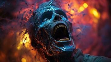 une sinistre bleu zombi portant une menaçant masque se profile dans le premier plan de une surréaliste, rempli d'horreur paysage illuminé par une embrasé, d'un autre monde lumière, ai génératif photo