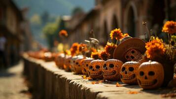 une vif Halloween scène de sinistre citrouilles décoré avec délicat fleurs et effrayant crânes crée une mystérieux atmosphère en plein air, ai génératif photo