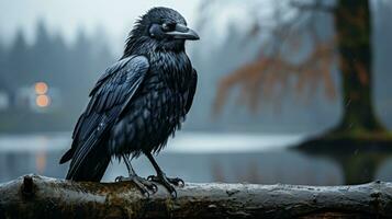 une seul corbeau perché un haut une couvert de neige enregistrer, ses brillant noir plumes ébouriffant dans le hiver brise, crée une captivant portrait de la nature sauvage beauté, ai génératif photo