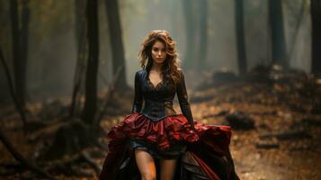 une mystérieux femme dans une vibrant rouge et noir robe des stands dans le profondeurs de le forêt, sa aventureux esprit capture, ai génératif photo