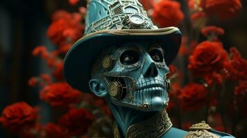 une capricieux statue de une bleu squelette portant une chapeau et horloge, entouré par une lit de coloré des roses, capture le beauté de art, vie, et intemporalité, ai génératif photo