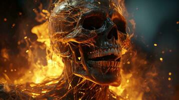 le brûlant chaleur de le flammes alentours le crâne les racines il à le sol, création une puissant et hanté image, ai génératif photo