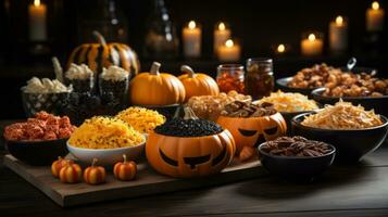 une table plein de nourriture dans foncé Halloween nuit, ai génératif photo