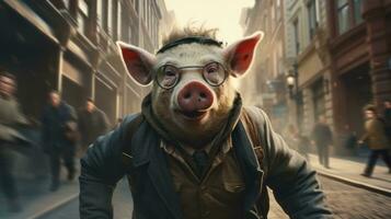 une à lunettes cochon, sportif une sac à dos et une élégant veste, erre le animé ville des rues, prise dans le imposant bâtiments et à la mode Extérieur Vêtements sur le sol, ai génératif photo