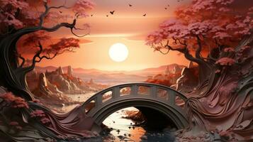 un éthéré La peinture de un inspiré de l'anime pont couvrant une rivière, entouré par vibrant des arbres, comme le Soleil ensembles dans une Stupéfiant afficher de couleurs, ai génératif photo