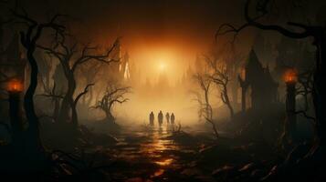 une groupe de aventuriers randonnée par le brumeux forêt, enveloppé dans le mystique brouillard de le nuit, leur yeux fixé sur le qui se profile Château au milieu de le sauvage paysage de nature, ai génératif photo