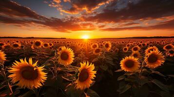 tournesols dans une champ à le coucher du soleil ai génératif photo