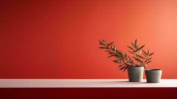 une rouge vase avec une plante dans il sur une étagère ai génératif photo