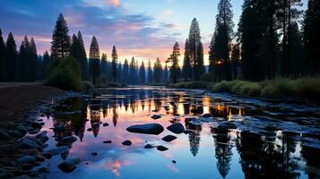 le Soleil ensembles plus de une cascade dans le milieu de une rivière ai génératif photo