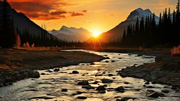 le Soleil ensembles plus de une cascade dans le milieu de une rivière ai génératif photo