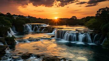 cascade à le coucher du soleil dans le forêt ai génératif photo