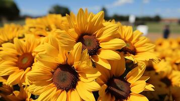 Jaune fleurs dans une champ avec bleu ciel ai génératif photo