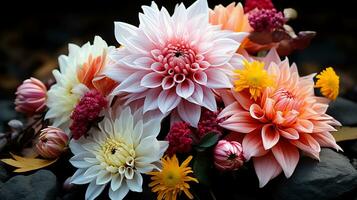 une bouquet de fleurs sont arrangé dans une modèle ai génératif photo