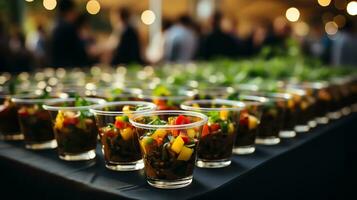 une homme portion nourriture sur une buffet table ai génératif photo