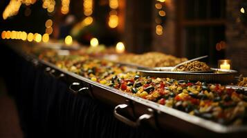 une homme portion nourriture sur une buffet table ai génératif photo