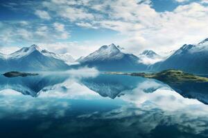 aérien vue de serein Lac reflétant montagnes. génératif ai photo