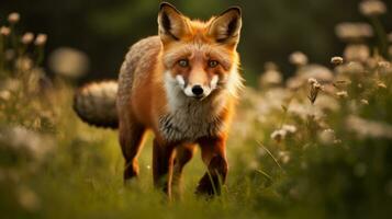 une proche en haut de une Renard dans une champ de herbe. génératif ai photo