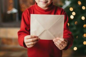 Jeune garçon en portant une pièce de papier dans de face de une Noël arbre. génératif ai photo