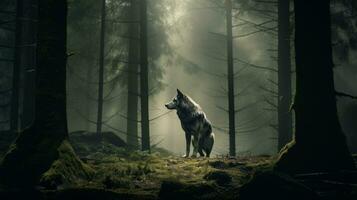 seul Loup permanent dans une forêt clairière. génératif ai photo