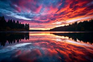 vibrant lever du soleil réflexion sur calme lac. génératif ai photo