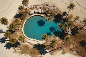 éloigné désert oasis avec paume des arbres. génératif ai photo