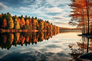 calme Lac mise en miroir l'automne couleurs. génératif ai photo
