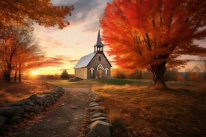 l'automne chapelle au milieu de des arbres. génératif ai photo