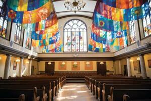 le intérieur de une église avec coloré verre les fenêtres. génératif ai photo