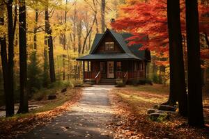 isolé cabine au milieu de l'automne couleurs. génératif ai photo