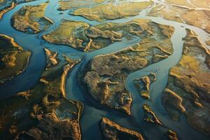 rivière delta dans marécageux marécages. génératif ai photo