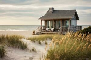 confortable plage chalet niché parmi le sable dunes. génératif ai photo