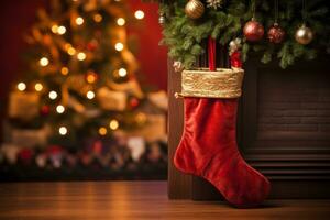 Noël stockage pendaison de une cheminée avec une Noël arbre dans le Contexte. génératif ai photo