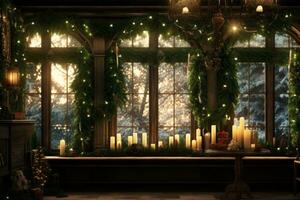 pièce décoré pour Noël avec bougies et guirlande. génératif ai photo