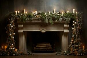 cheminée décoré avec bougies et verdure. génératif ai photo