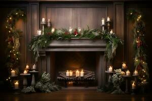 cheminée décoré pour Noël avec bougies et verdure. génératif ai photo