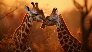 une couple de girafe permanent suivant à chaque autre. génératif ai photo