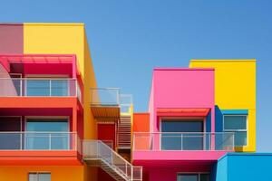 une multicolore bâtiment avec une escalier de premier plan en haut à il. génératif ai photo