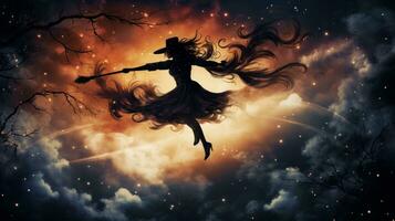 effrayant silhouette de une sorcière en volant sur une manche à balai contre une étoilé nuit ciel. génératif ai photo
