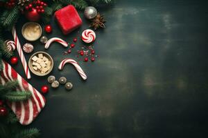 traditionnel Noël flatlay avec bas, bonbons cannes. génératif ai photo