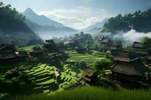 village avec riz terrasses dans le Contexte ai génératif photo