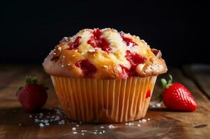 fraîchement cuit fraise muffin ai génératif photo