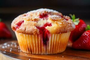 fraîchement cuit fraise muffin ai génératif photo