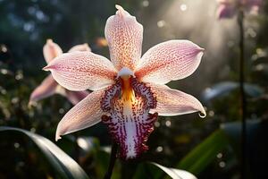 ai génératif photo de orchidée fleur dans une transcendant botanique jardin